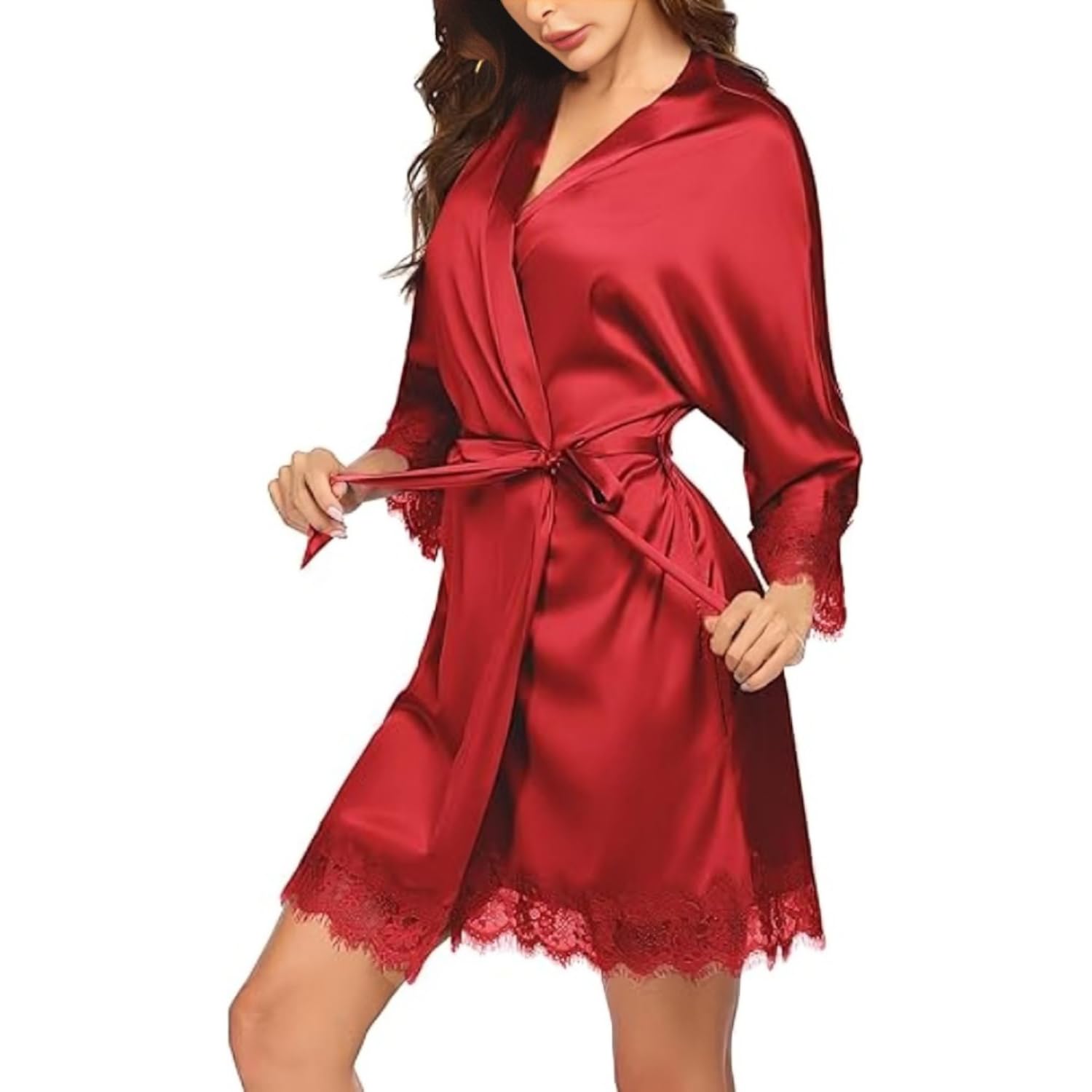 Babydoll Women’s Silk Robe Short Lace Trim Satin Robe 3/4 Sleeve Hot Kimono Bride Robe Comfy Bridal Sleepwear Night Dress Bridal on her Wedding Night and Gift Red-image-35