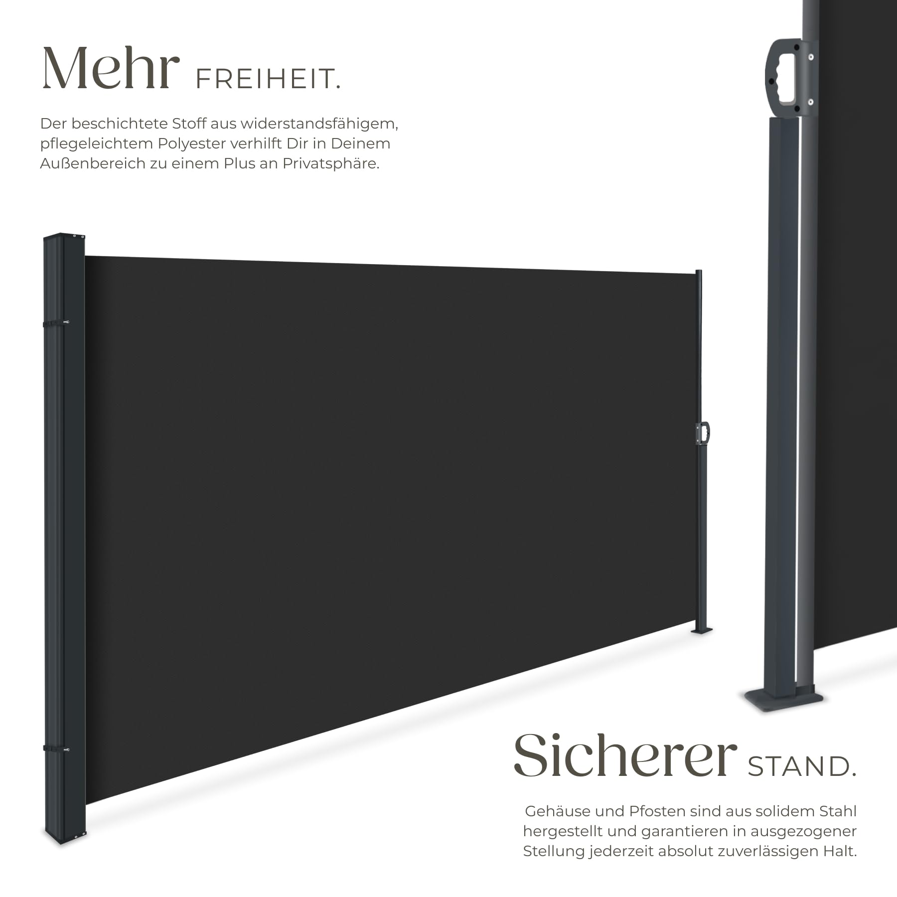 tectake® ausziehbare Seitenmarkise, 180 x 300 cm, wetterfest, Blickdicht, mit Aufrollmechanismus, Schutz vor Sonne und Wind, Seitenbeschattung, Seitensonnenschutz, Seitensichtschutz - schwarz