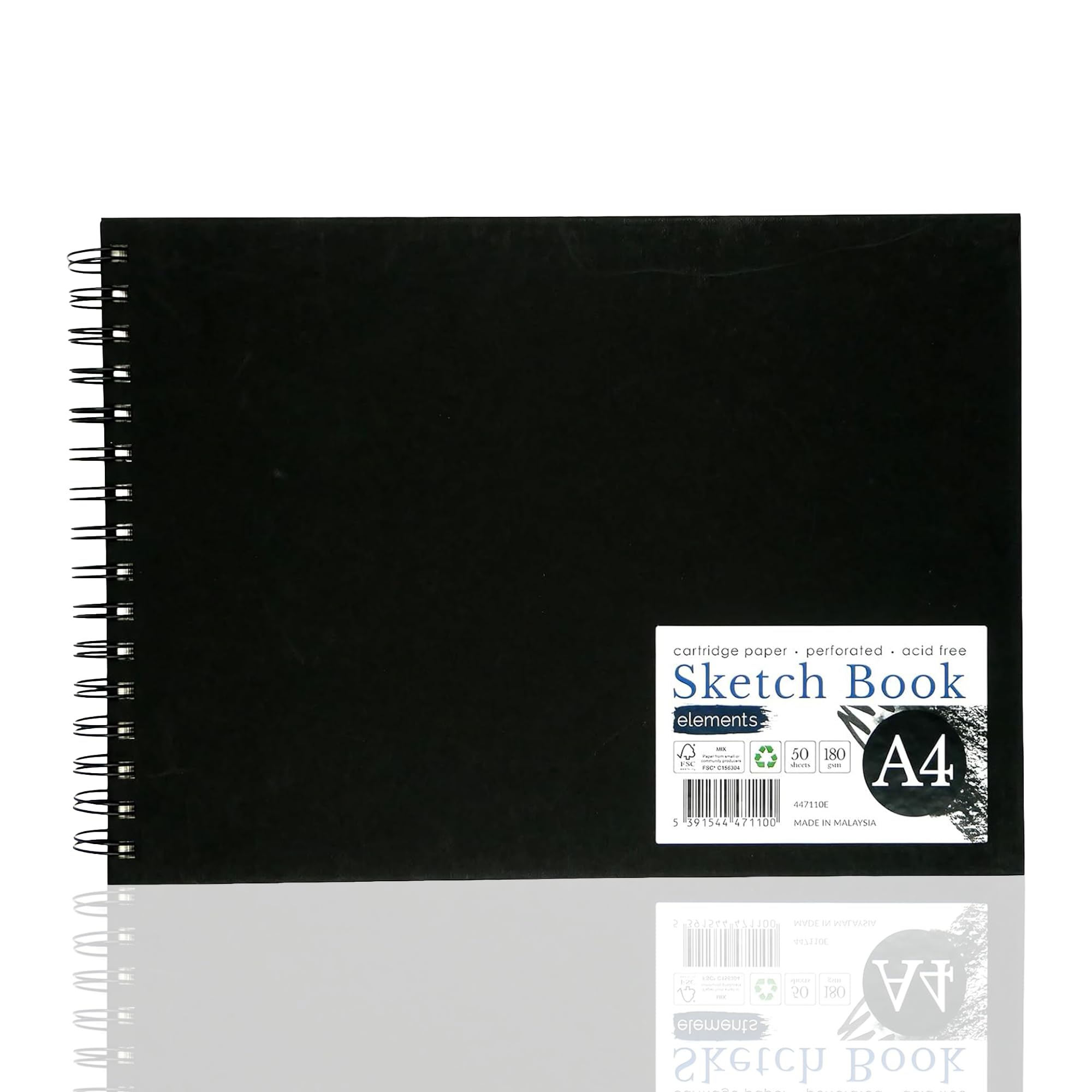 Elements A4 Wire-O Sketch Book | 50 Sheets (100 Sides) | 180 GSM Acid-Free Paper | Perforated Pages – Ideal for Mixed Media Art (Black Cover)
