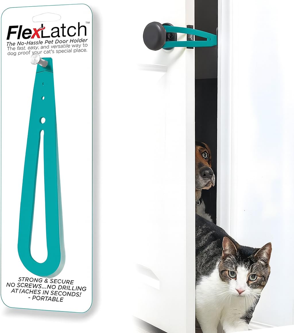 FlexLatch Cat Door Holder Latch - Teal Cat Door Alternative, Flex Latch Strap Let's Cats in and Keeps Dogs Out of Litter and Food Safe Baby Proof One Piece No Measuring Extra Easy