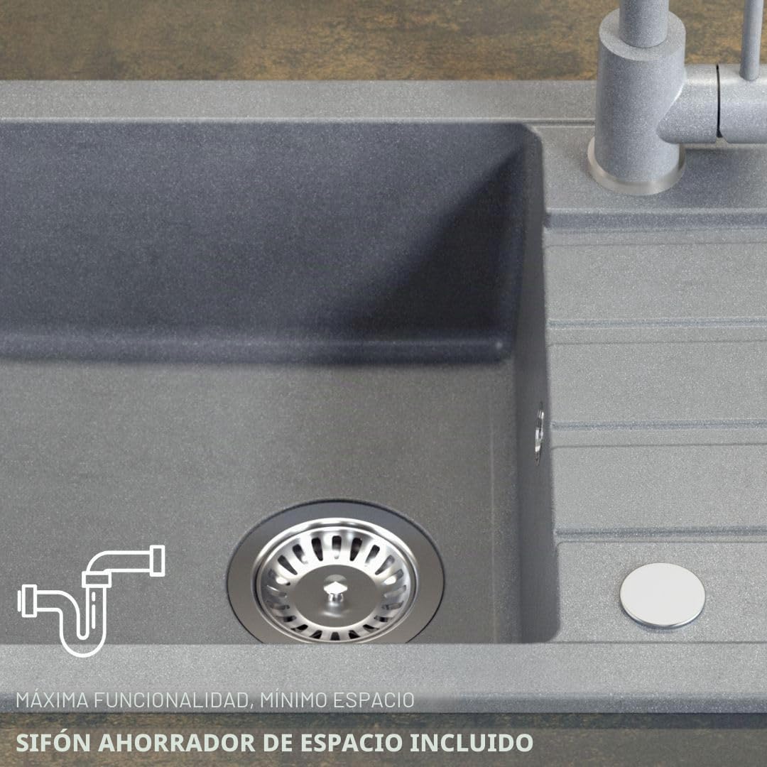 QUADRON Fregadero de cocina de granito con cubeta simple, dimensiones 77 x 44 x 17,5, color: beige, JERRY 111 Fregadero con cubeta simple, fregadero de granito, con sifón y desagüe manual