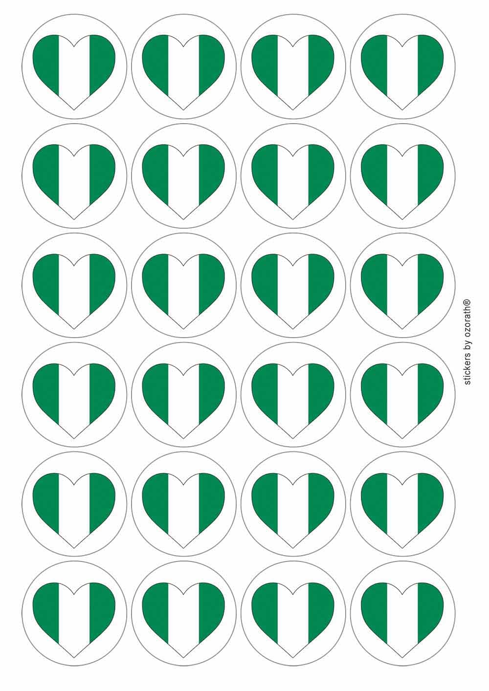 Nigeria Nigerian Flag Heart Circular Matt Paper Stickers A4 Sheet of 24 (Each Sticker is 45mm Diameter)