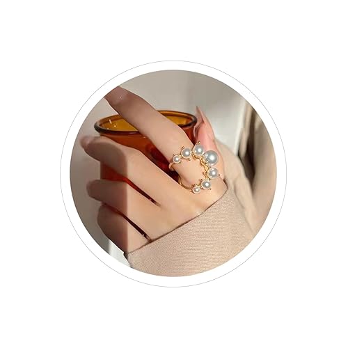 Handmade Pearl Ring Stacking Pearl Statement Rings Adjustable Open Pearl Full Finger Ring Trendy Personality Pearl Cluster Jewelry for Women Girls