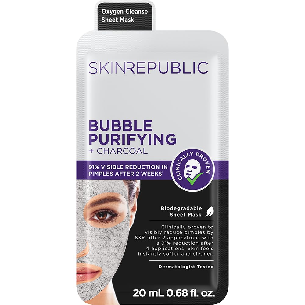 Skin Republic Bubble Purifying + Charcoal Sheet Mask. Clinically Proven to Clear Most Pimples After 2 Weeks. Made in Korea.