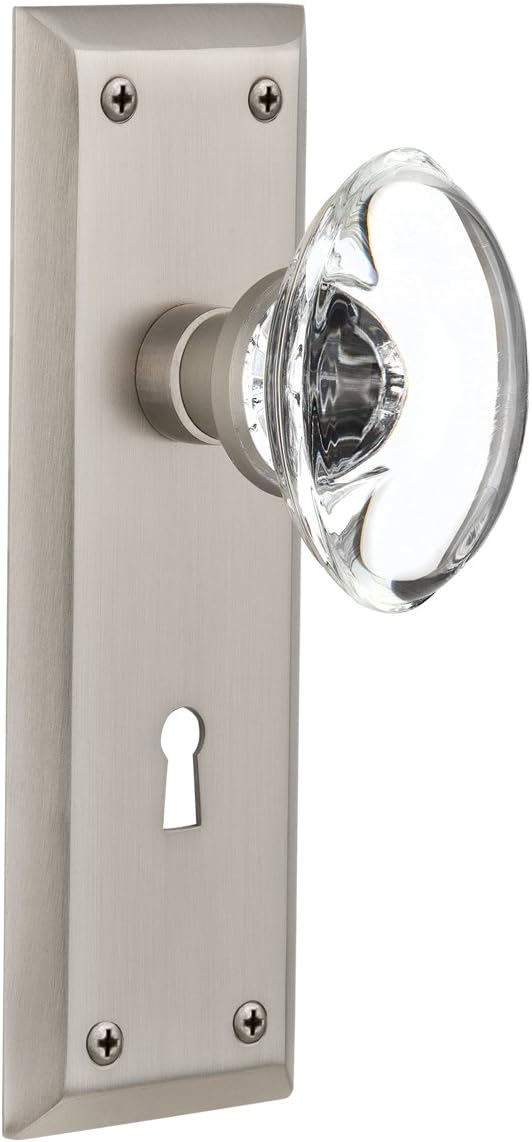 Nostalgic Warehouse New York Plate with Keyhole Oval Clear Crystal Glass Knob, Single Dummy, Bright Chrome