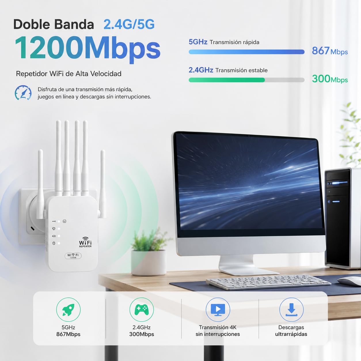 2026 Nuevo Repetidor WiFi 1200 Mbps, Amplificador de Señal WiFi de Largo Alcance 2,4 y 5 GHz con 6 Antenas, Extender up to 120 m2, Configuración Sencilla de WPS, para Hogar y Oficina Pequeña (1200M)
