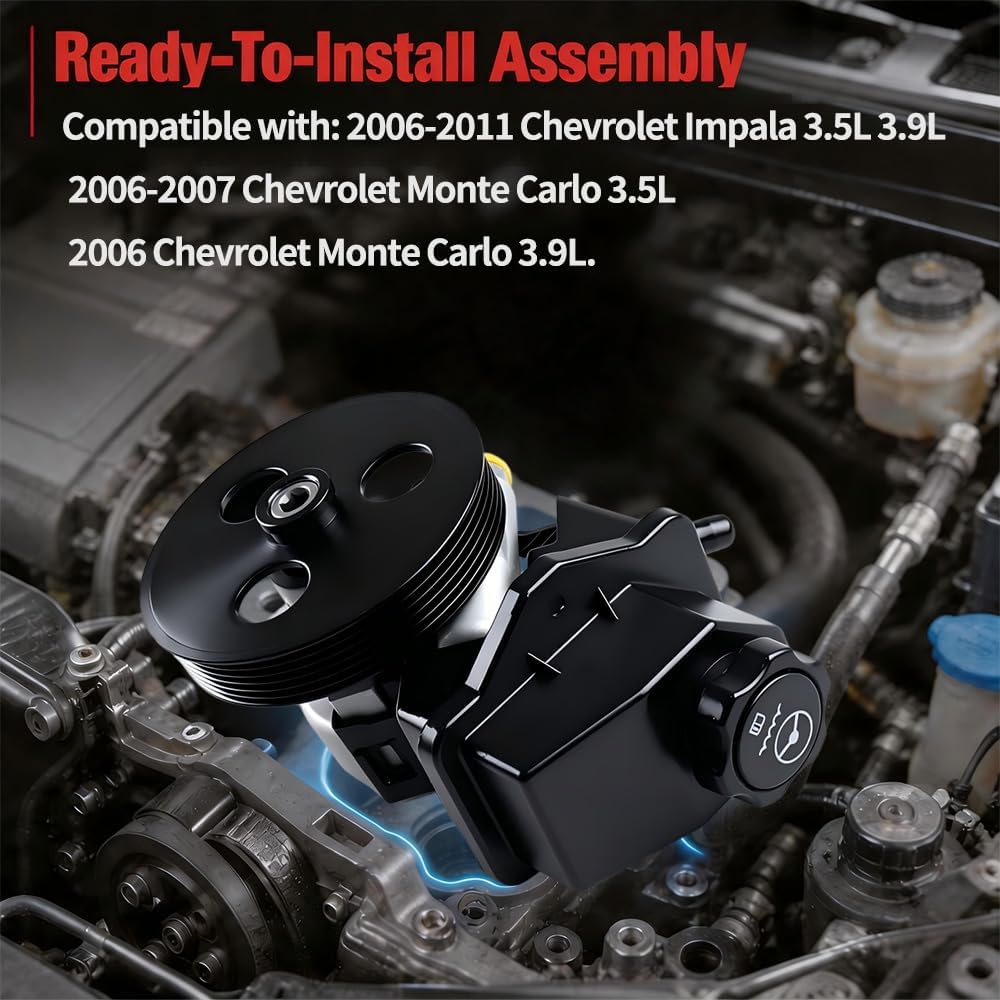 Power Steering Pump with Pulley Compatible with 2006-2011 Chevy Impala 3.5L 3.9L, 2006-2007 Monte Carlo, Replaces OE 15267585 88964571 20-69989 image 2