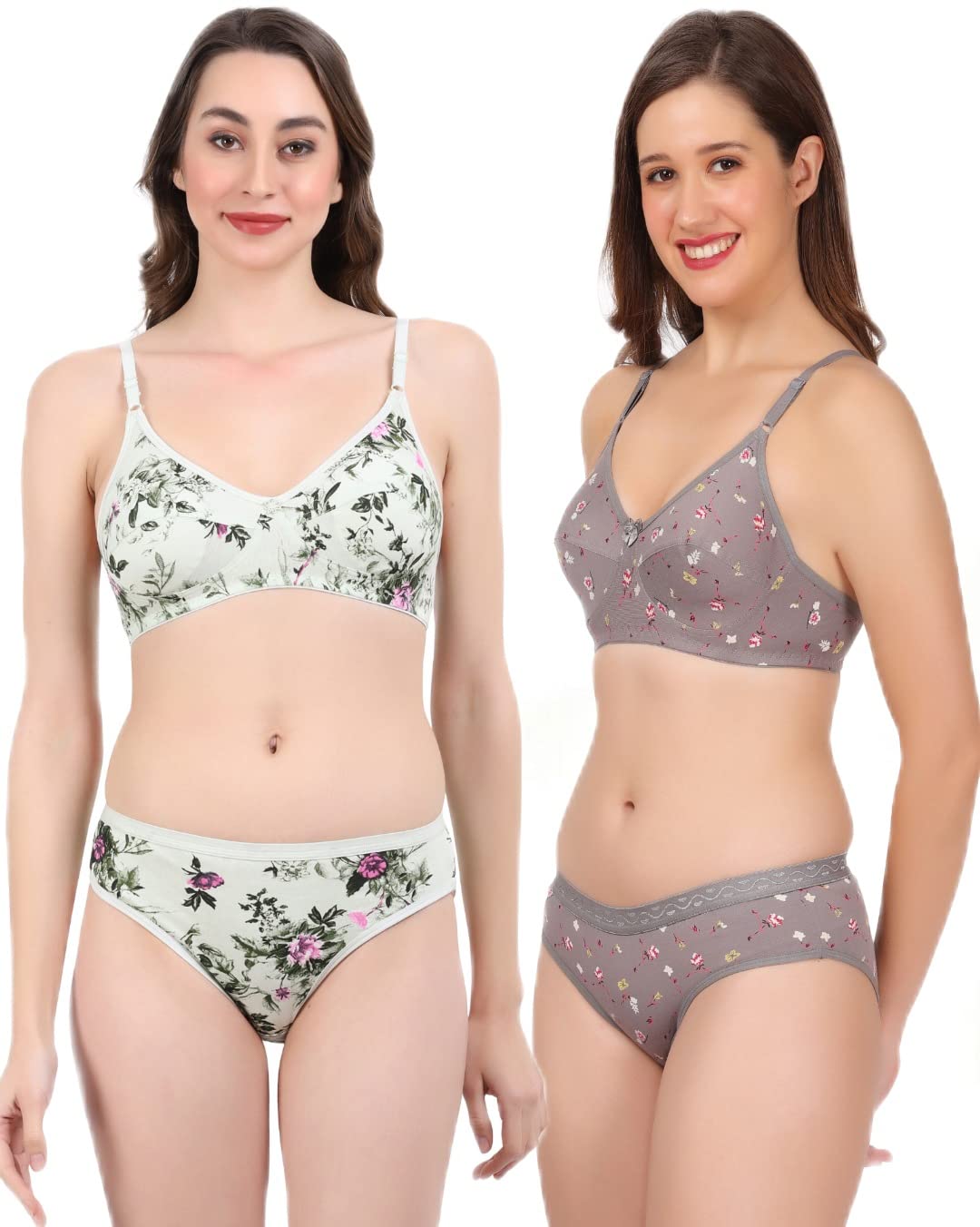 flomi Women Non Padded Wirefree Pure Cotton Printed Multicolor Bra & Penty Set 2 Pack Combo-picture-41