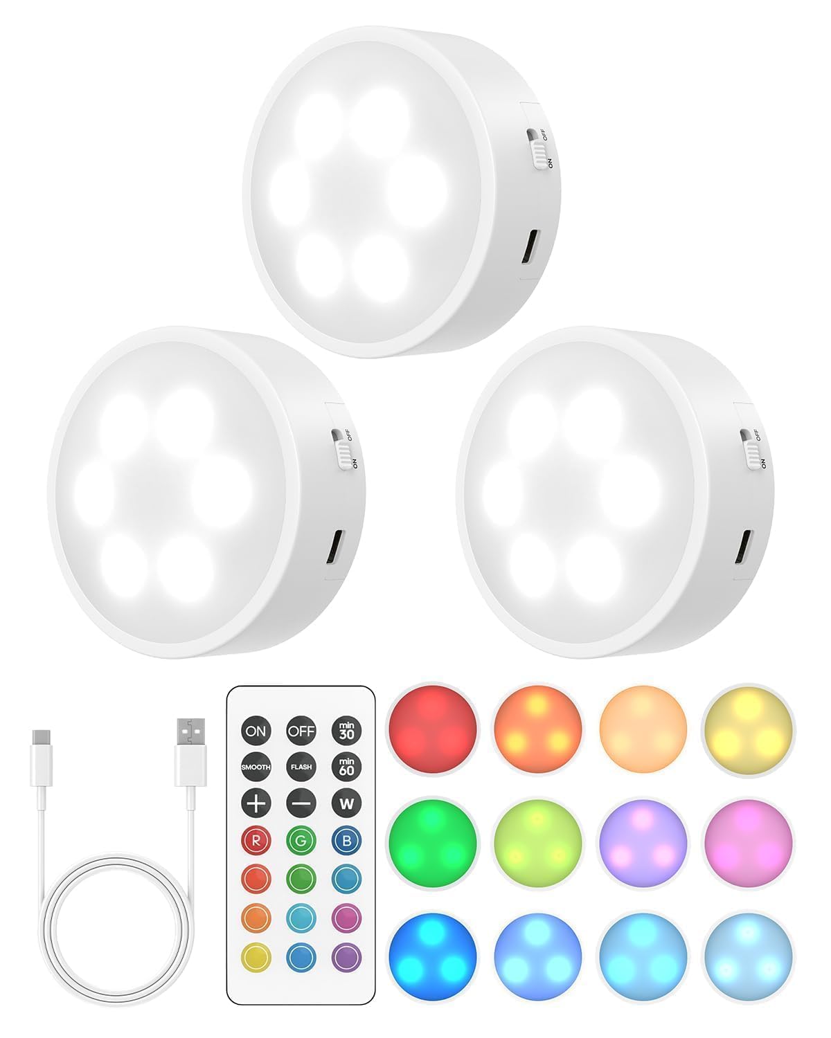 GOODEA.fun Puck Lights with Remote, 13 RGB Colors LED Under Cabinet Lights, Rechargeable Baterry Operated Under Cabinet Lighting Tap Lights, Stick on Lights with Dimmer and Timer?3 Pack?