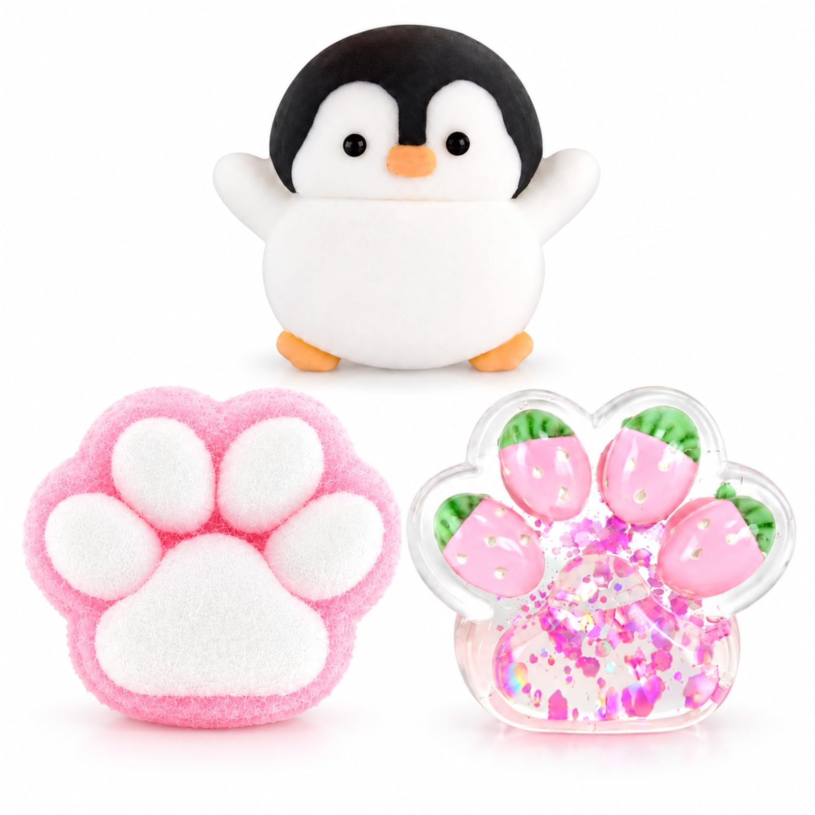 3Pcs Squishy Set, 2 Cat Paws & 1 Penguin, Soft for Quiet Moments