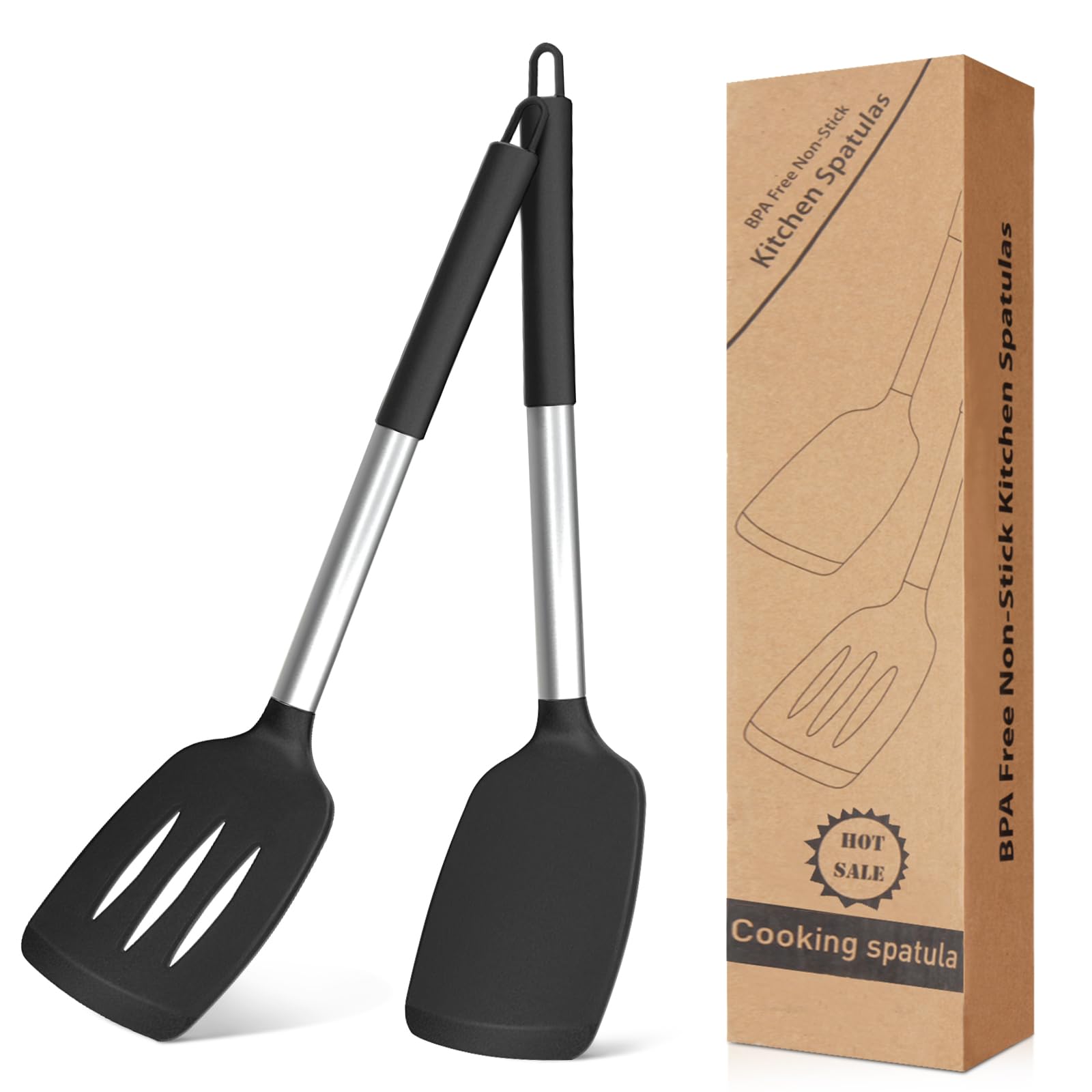 Silicone Spatula, Heat Resistant Slotted Black Spatula, Spatula, Cooking Utensil Set, Cooking Utensils for Cooking, Baking, Turning, Dishwasher Safe, Set of 2