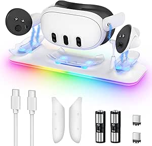 Charging Dock for Meta Quest 3S/Quest 3, YUANHOT Fast Charging Station with Color RGB Light for Oculus Quest 3S/3 Accessories, Magnetic Charger Stand for Headset/Controller with 2 Rechargeable Battery