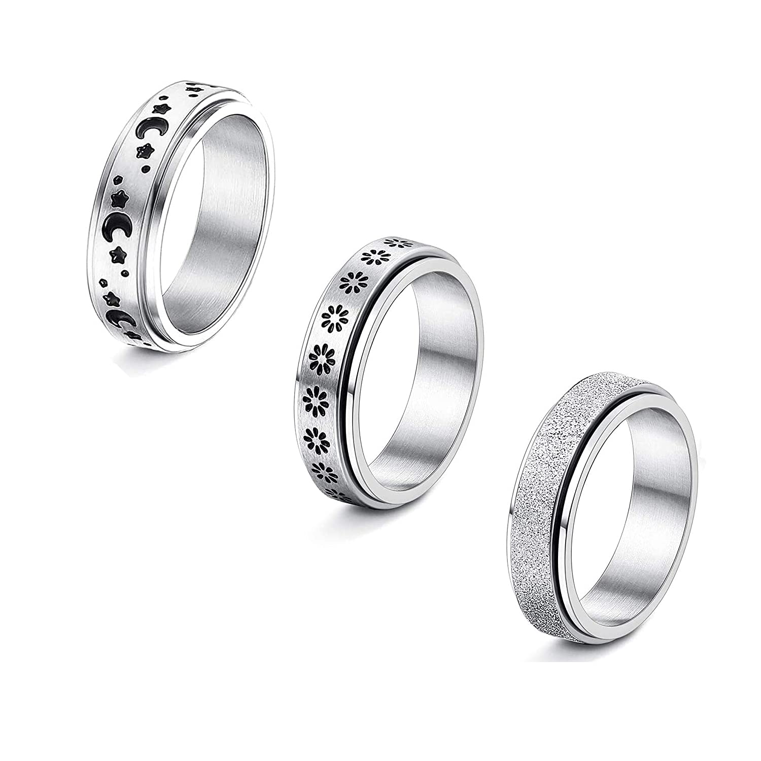 Spinner Rings for Women,3 Pcs Stainless Steel Fidget Ring Sets,Blast Finish Flower Moon Ring for Stress Relieving Wedding Promise