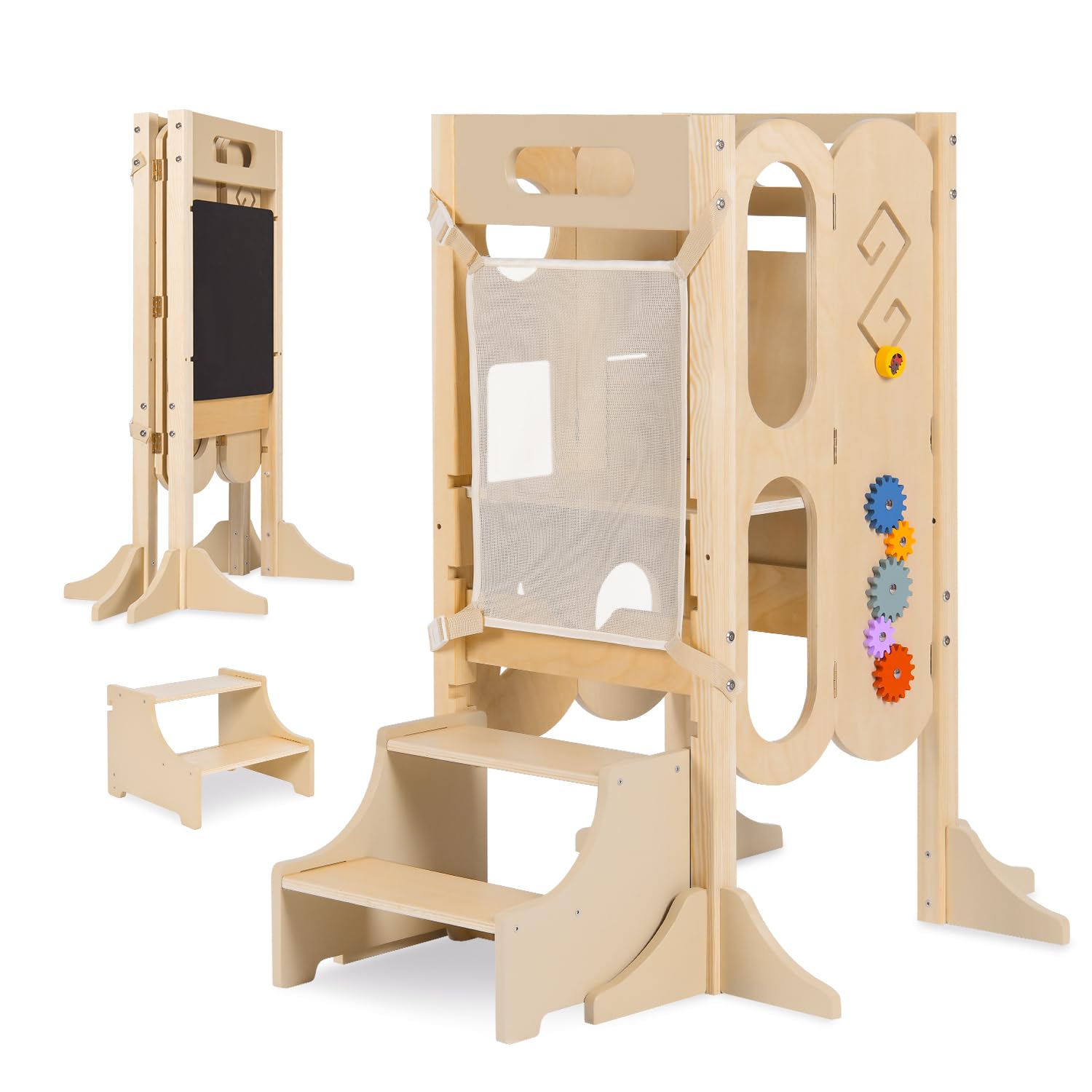 6 in 1 Toddler Tower with Removable Ladder, Foldable Wooden Kitchen Step Stool for Kids, Adjustable Children Helper Tower for Baby, Standing Tower with Safety Equipment and Black Board