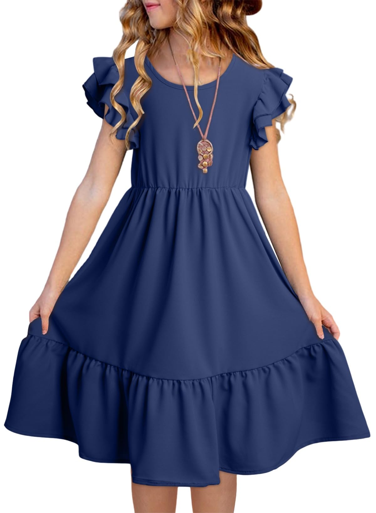 blibean Vestidos para niñas adolescentes, vestido de manga con volantes de doble capa, talla 6-15 años