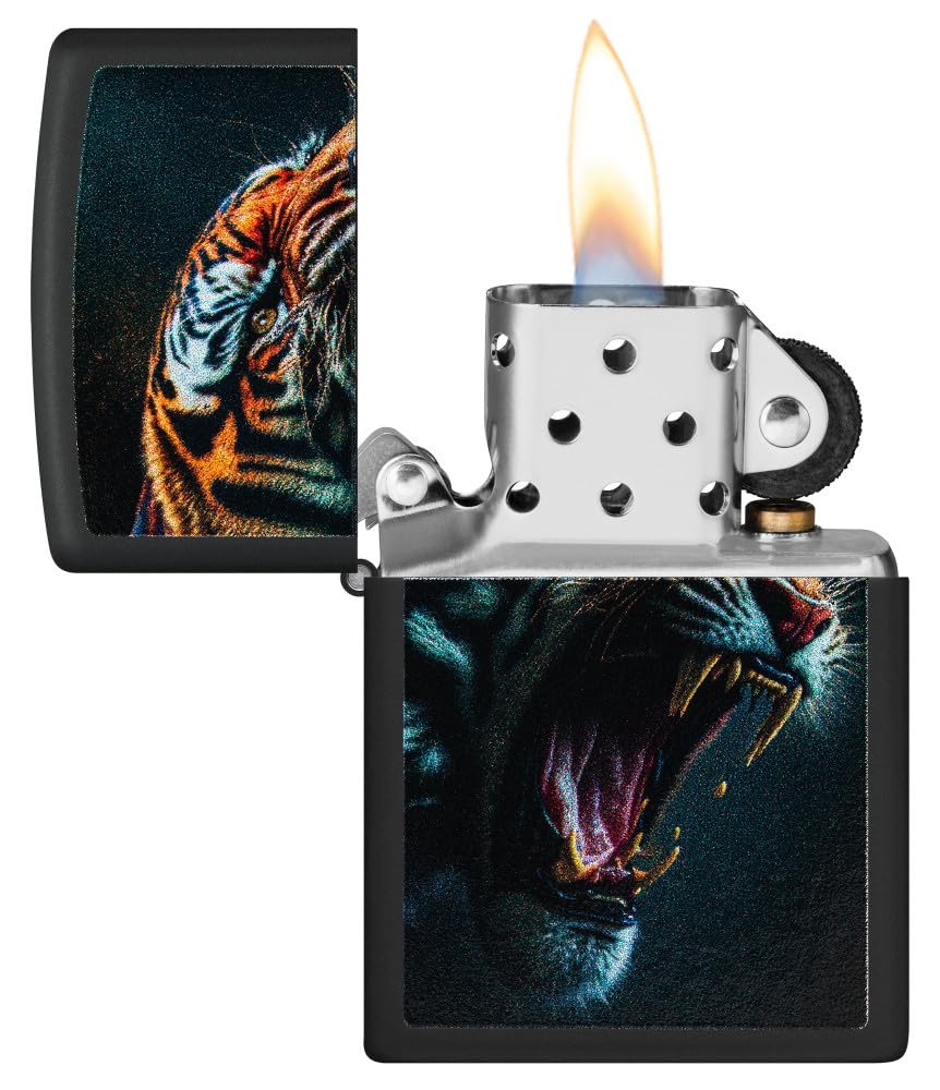 Zippo - Briquet tempête, Motif Tigre féroce, Noir Mat, Impression colorée Color Image, Rechargeable, réutilisable, Coupe-Vent, boîte Cadeau, fabriqué aux États-Unis