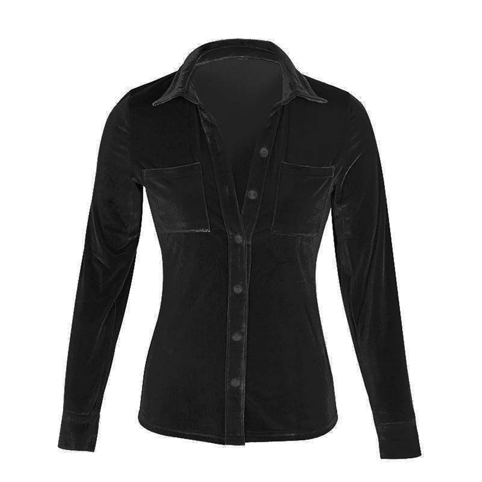 Femmes Hiver Mode Pots Blouse Blouse à Manches Longues Solide Élégante Poche Boutonnière Chemise Décontractée Blouse Bleu Clair, Noir , M