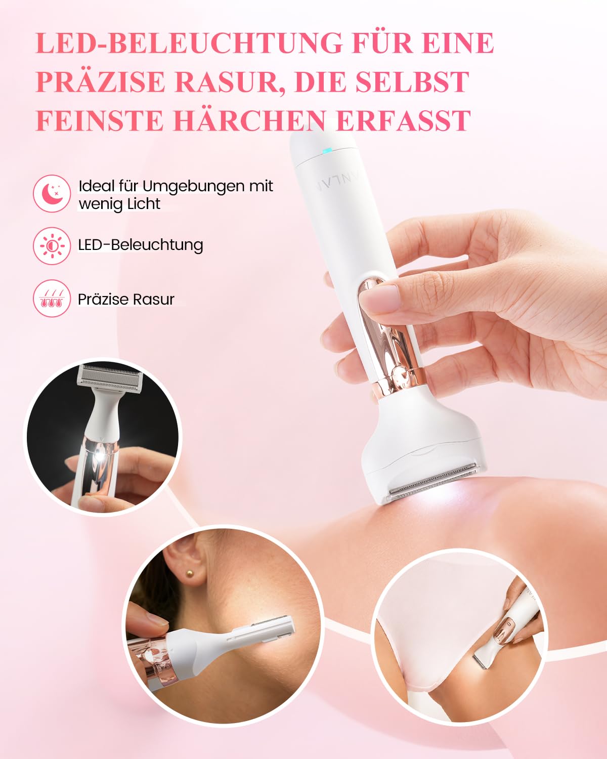 ANLAN Elektrischer Damenrasierer 4 in 1, Intimrasierer Damen & Bikini Trimmer, USB-C Wiederaufladbar, IPX6 Wasserdicht für Nass & Trockenrasur, Körperrasierer für Beine, Achseln, Gesicht & Augenbrauen
