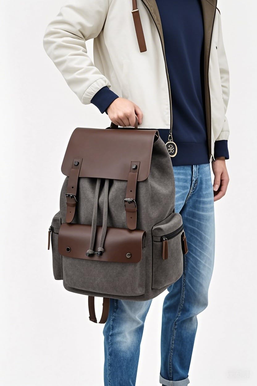 Zaino Vintage in Tela e Pelle, Grande Capacità Multi-Tasca per Università, Viaggi & Lavoro, Zaino Impermeabile per Scuola (Verde Oliva)