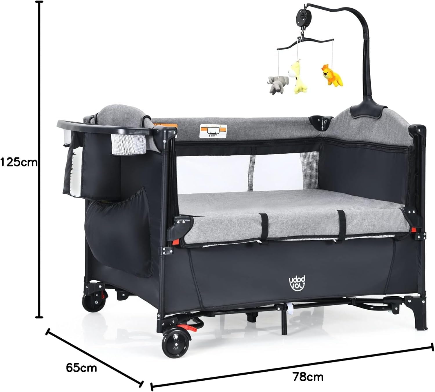 GOPLUS Lit Bébé, 5 en 1 Lit Parapluie Pliable et Portable avec Table à Langer, Fonction de Berceau, d'Enceinte d'Activités, Berceau Cododo Bébé Réglable en Hauteur avec Roues Mobiles, Jouets (Noir)