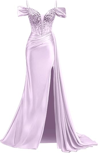 Mermaid Lilac Prom Dresses 2025 Spaghetti Strap Beaded Off Shoulders Satin Fomal Evening Party Gown with Slit Tail 8 YOM066