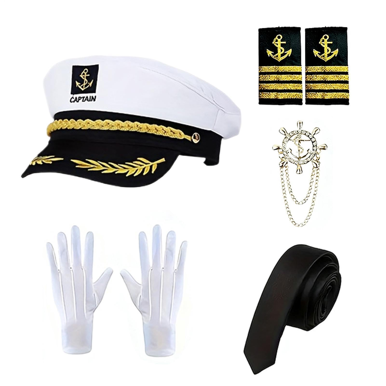 5PCS Yacht Captain Costume Set, Captain Role Playing Costume for Men Women, Navy Sailor Dress Up with Hat, Ties, Epaulettes, Brooch and Gloves, Funny Cosplay Accessories for Halloween Parties
