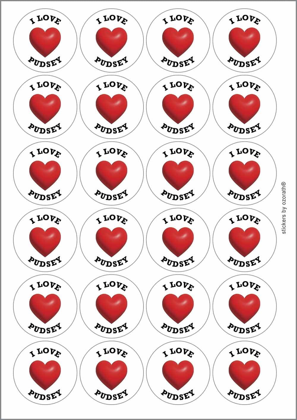 I Heart Love Pudsey Location Circular Matt Paper Stickers A4 Sheet of 24 (Each Sticker is 45mm Diameter)