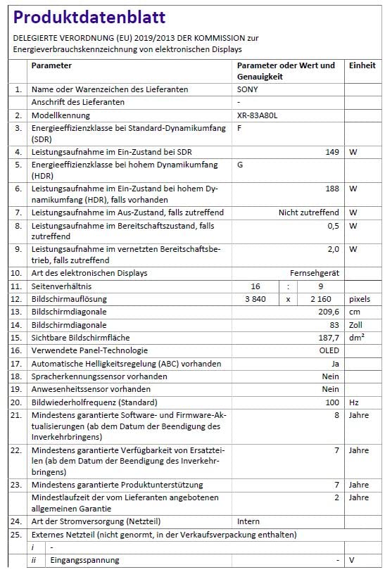 Sony BRAVIA XR, XR83A80L, 83 Zoll Fernseher, OLED, 4K HDR 120Hz