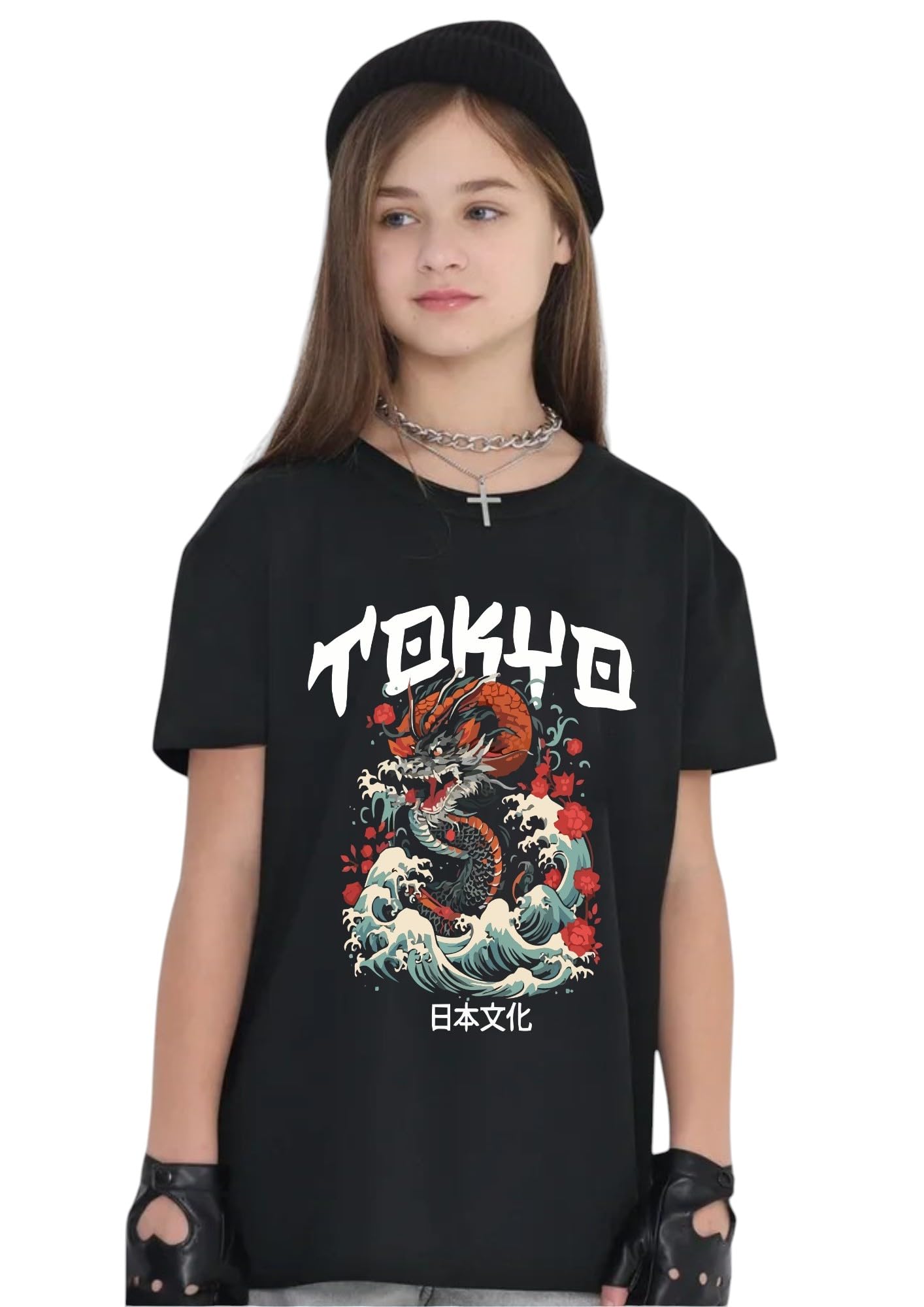 Uniplanet Store Camiseta negra de mezcla de algodón, media manga, ajuste regular, espalda Tokio, Japón, estampado negro