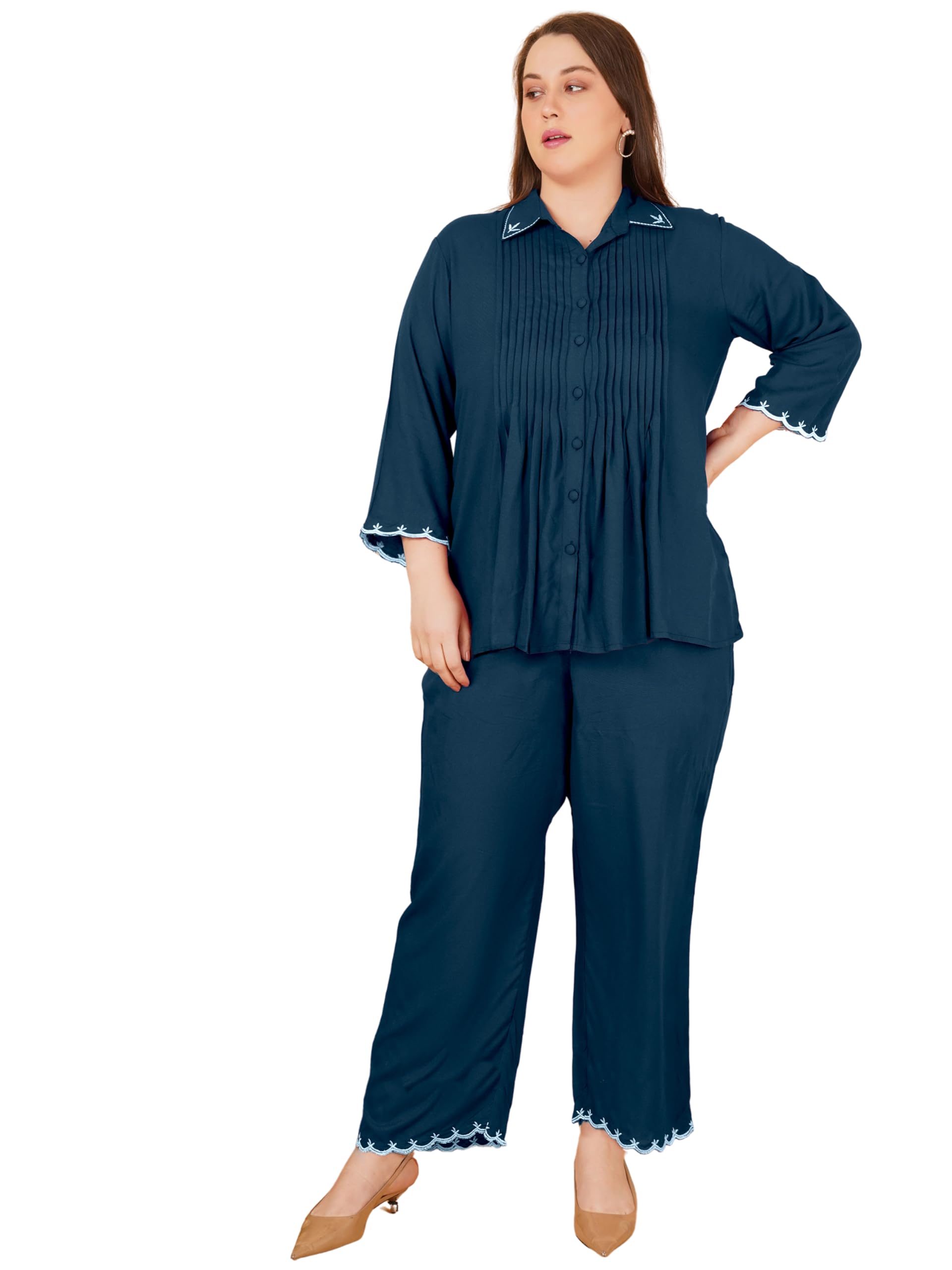 Women’s Rayon Solid Embroidered Pleated Tunic and Trouser Co Ord Set Western (XL to Plus Size 7XL)-image-40