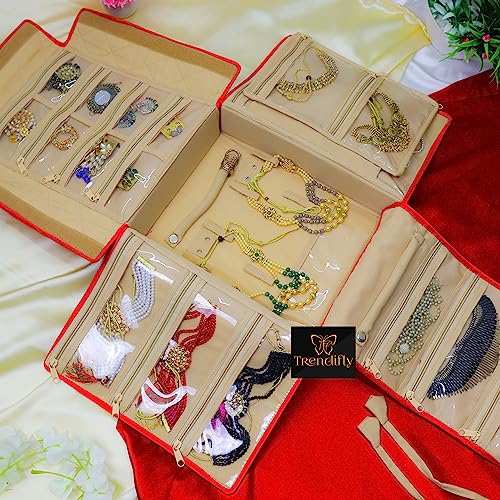 Image of Trendifly silk Lucknowi Jewellery Organiser Box for women Necklace organizer pouches Travel Makeup Cosmetic Earrings Jewelry Storage box for Bridal Gifting (Red)