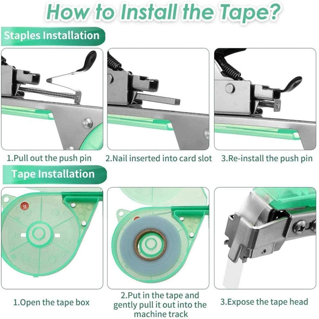 Vining Vegetables Garden Tape Tool - Máquina de atar a mano con 6 rollos de cinta y grapas para uvas, frambuesas y tomates