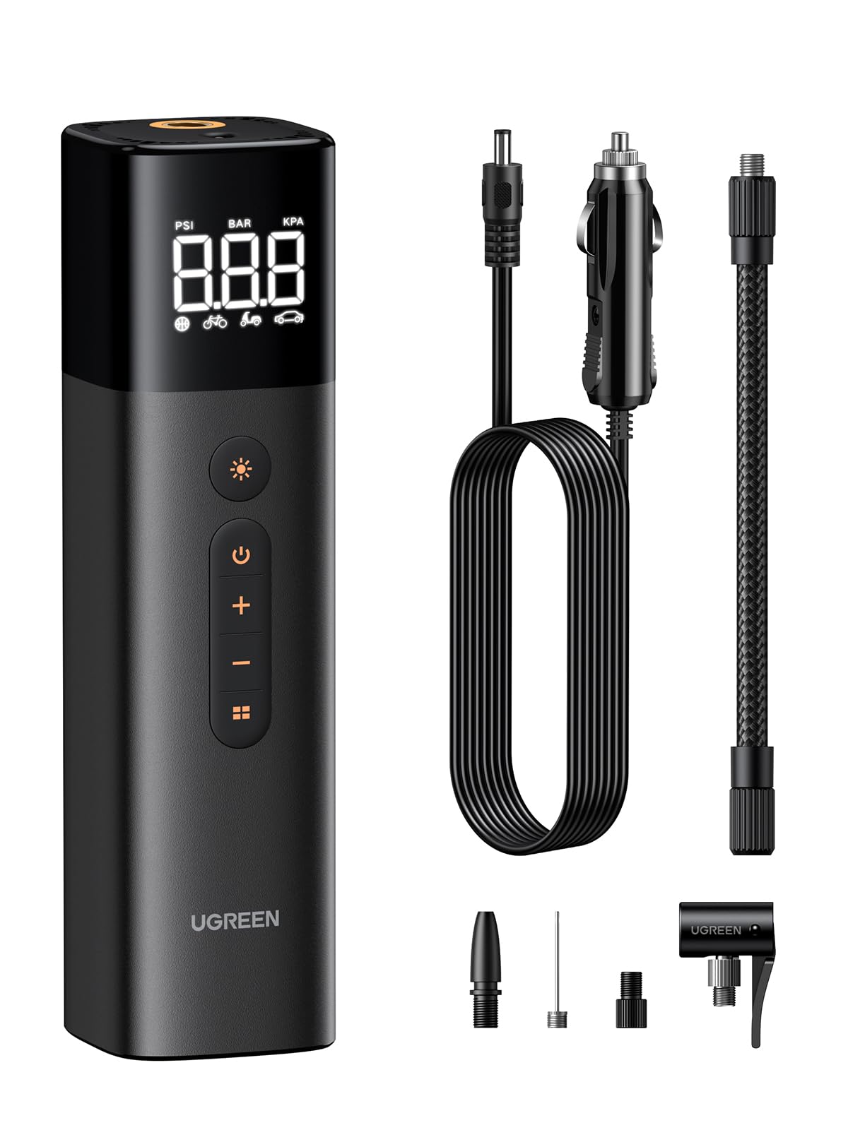 UGREEN Tire Inflator (0.2-10.3 bar / 3-150 psi) Electric Air Compressor, Portable Air Pump, Mini Tire Pump with Digital LED Display, LED Light for Bicycles, Motorcycles, and Cars