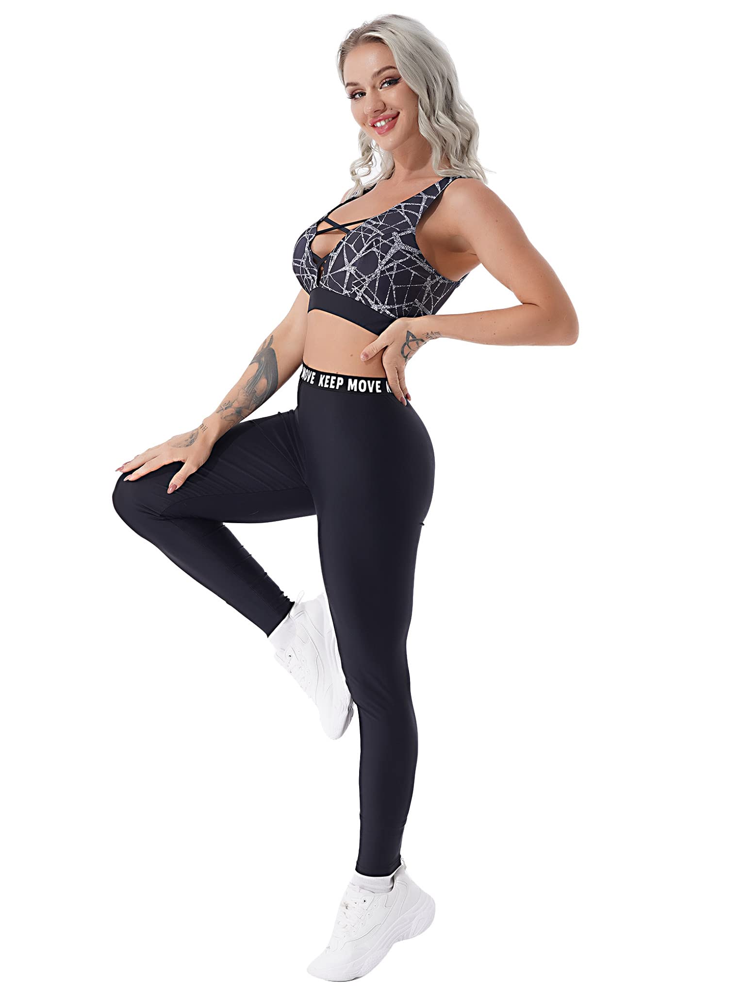 Hansber Womens 2-Piece Athletic Sets 3D Printed Sport Bra with Long Slim Leggings for Yoga Fitness