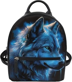 ArtistMixWay White Wolf Print Mini Backpack for Boys Teens Child Leather Casual Rucksack Top-Handle Bag Shoulder Bags,Blue Wolf