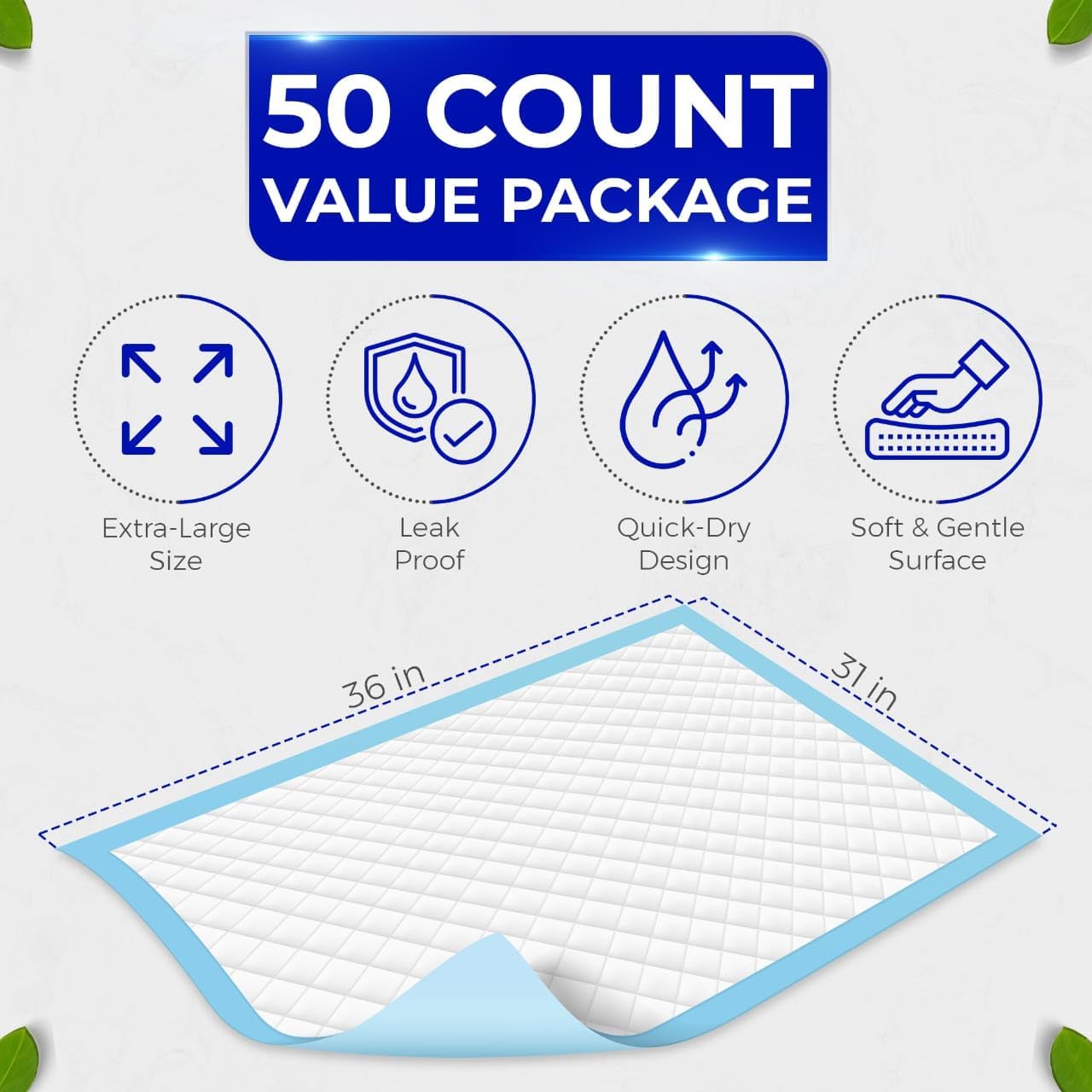 Disposable Underpads 31"x 36" inches (50 Counts) Extra Large - Adult Incontinence Underpads - Thick, Absorbent Fluff Protective Bed Pads - Leakproof Pee Pads for Dogs, Kids, Pets, Baby, Elderly