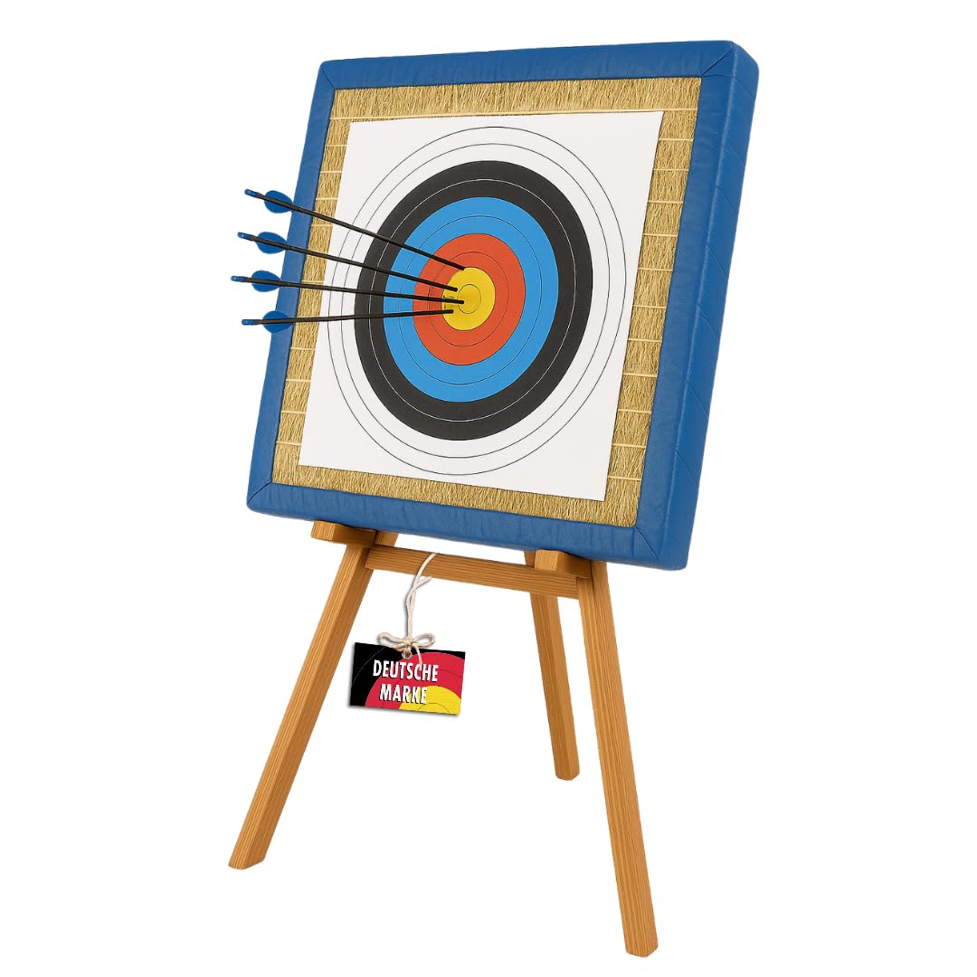 Zielscheibenmatte aus Stroh 90x90 cm | wetterfeste Bogensport Zielscheibe inkl. 3 FITA Zielauflagen, Pfeilfangmatte Schießscheibe für Recurve & Freizeitbogen
