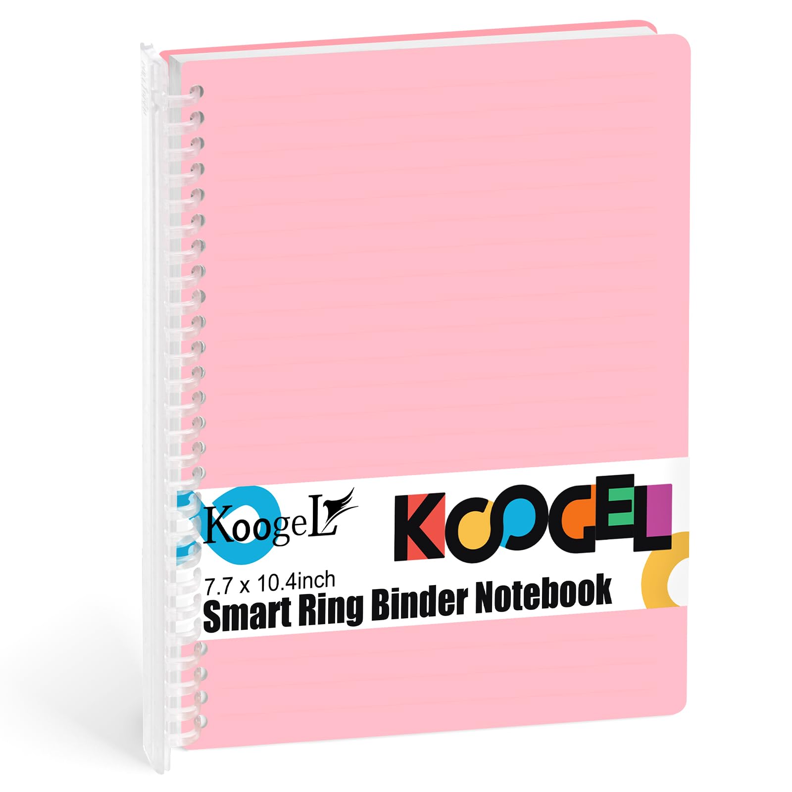 Koogel Spiral Notebook Journal — Smart Ring Binder Notebook — 7.5x10.5 inches College Ruled Notebook — Sliding Bar Binder 26 Holes 60 Sheets for School Office (Pink)