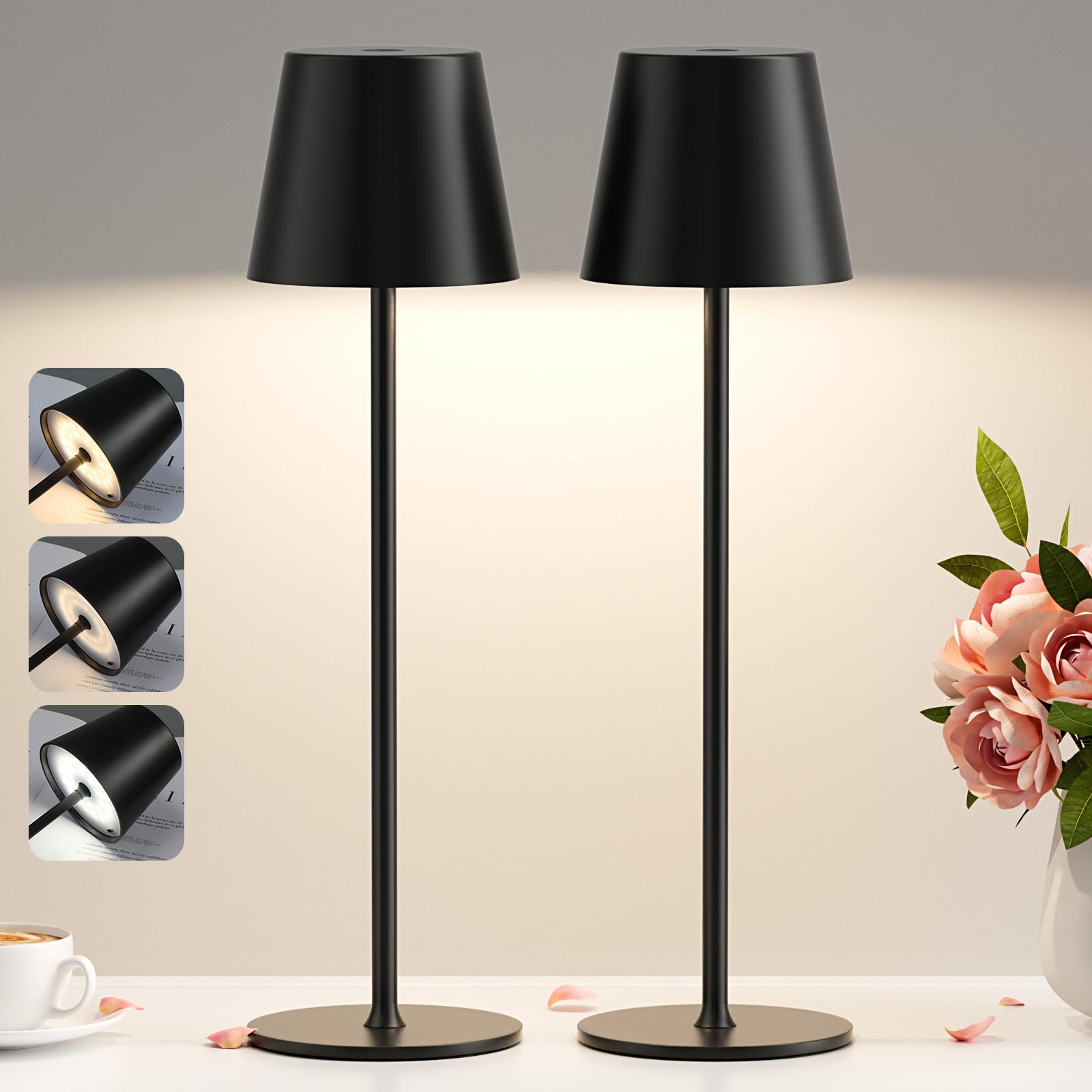 2 Pièces Lampe de Table LED Sans Fil, 3 Température de Couleur, Intensité Variable, Lampe de Chevet Tactile Rechargeable pour Chambre Salon Camping Jardin Café Extérieur(Noir)
