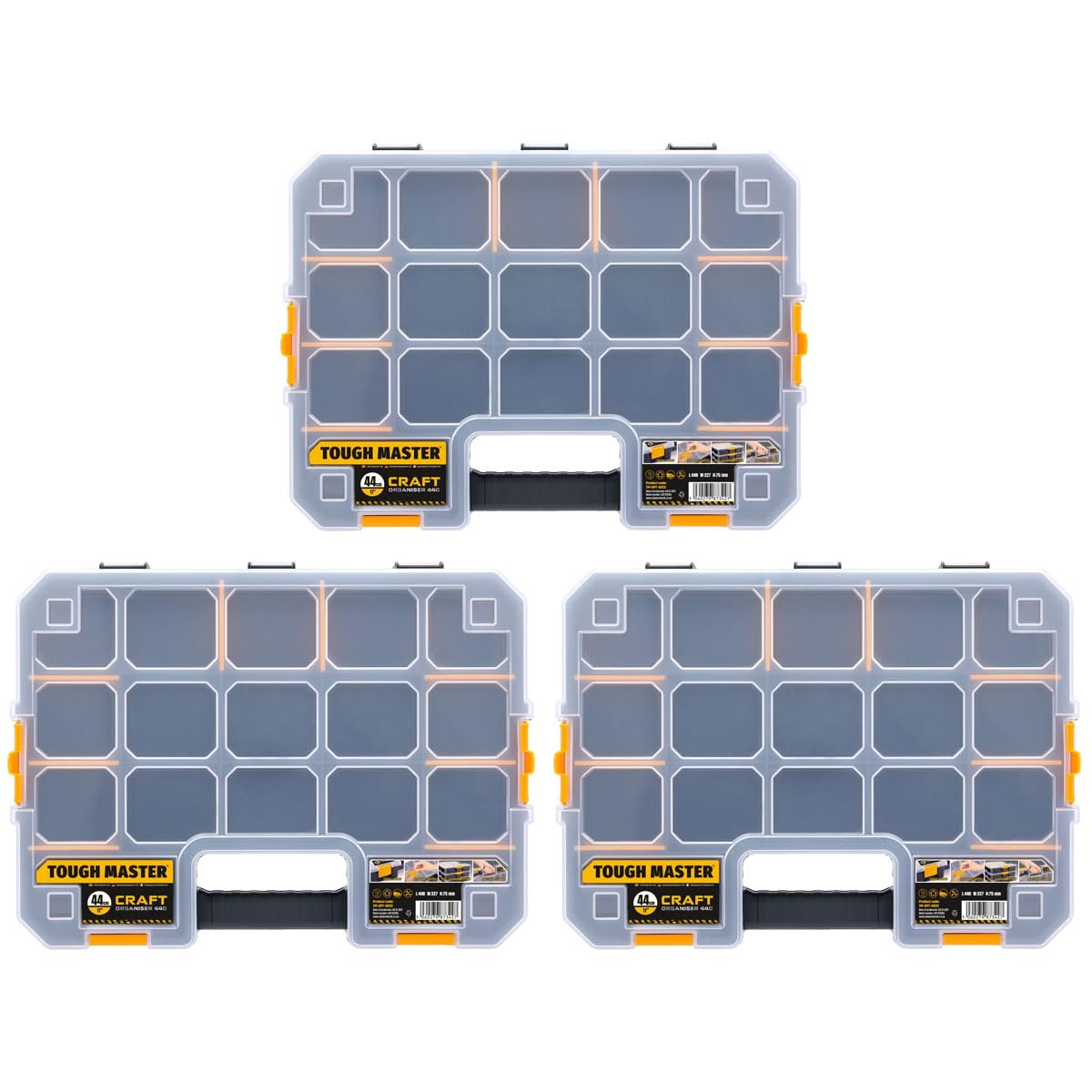 Tough Master Black & Yellow Stackable Storage Organiser 17" Inch With Transparent Lid 15 Adjustable Compartments Lightweight Portable Toolbox For Screws Nuts Tools Small Parts (Pack Of 3)
