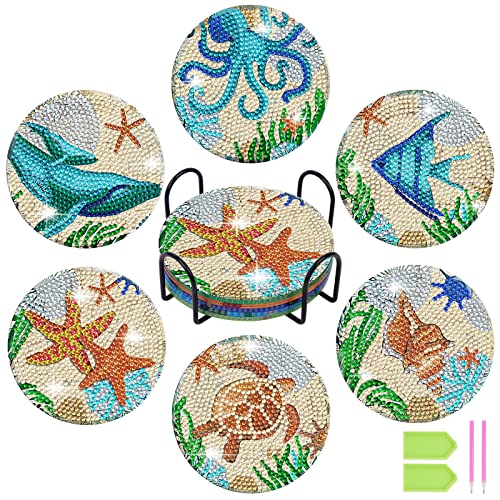 AUAUY 6 Posavasos de Pintura de Diamantes con Soporte, Kits de Pintura de Diamantes, Posavasos de Animales/Mandala para Bricolaje, Suministros de Manualidades para Principiantes, Adultos y Niños