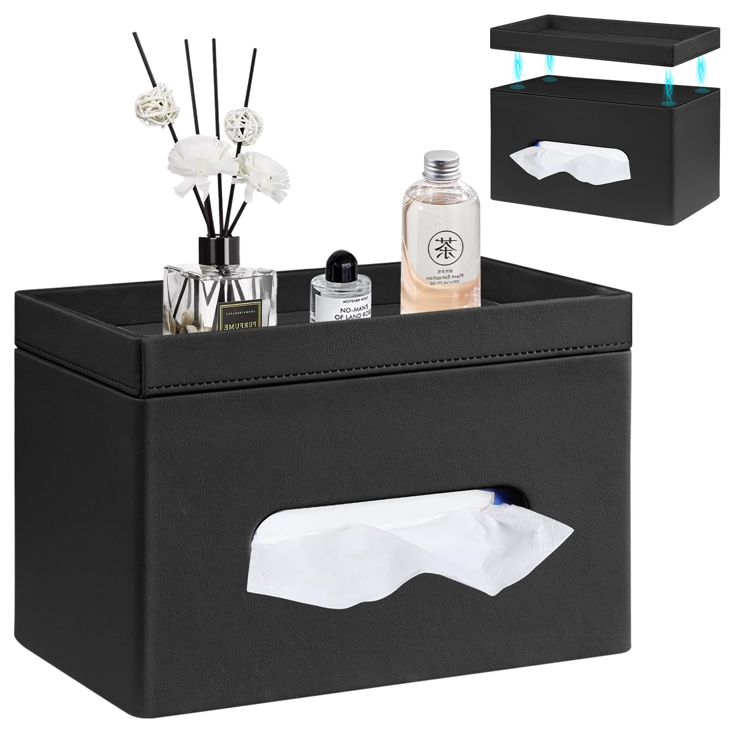 PU Leather Tissue Box Cover Rectangle with Detachable Storage Tray,Fits 230-Count Box Tall Rectangular,Modern Decorative Tissue Box Holder/Organizer for Bathroom,Bedroom Dresser,Night Stand