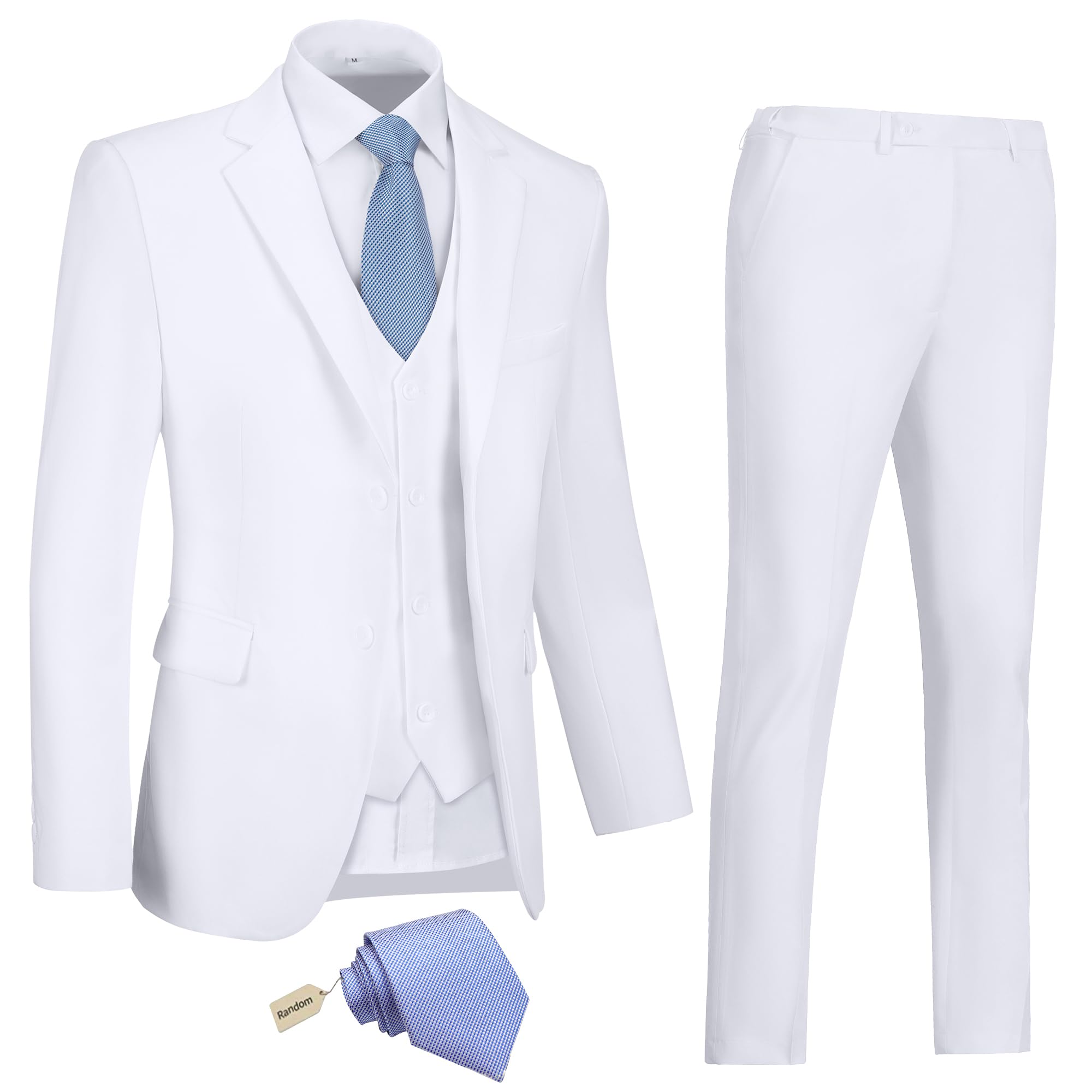 Abito da uomo slim fit, 3 pezzi, con due bottoni, abito da sposa e smoking, giacca e pantaloni con cravatta, bianco, XL