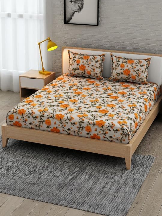 Image of 350 TC Premium Heavy Cotton Feel Elastic Fitted Bedsheet King Size with 2 Pillow Covers || Double Bed with All Around Elastic (Orange7D, Fitted - 72 inchx78 inch King)