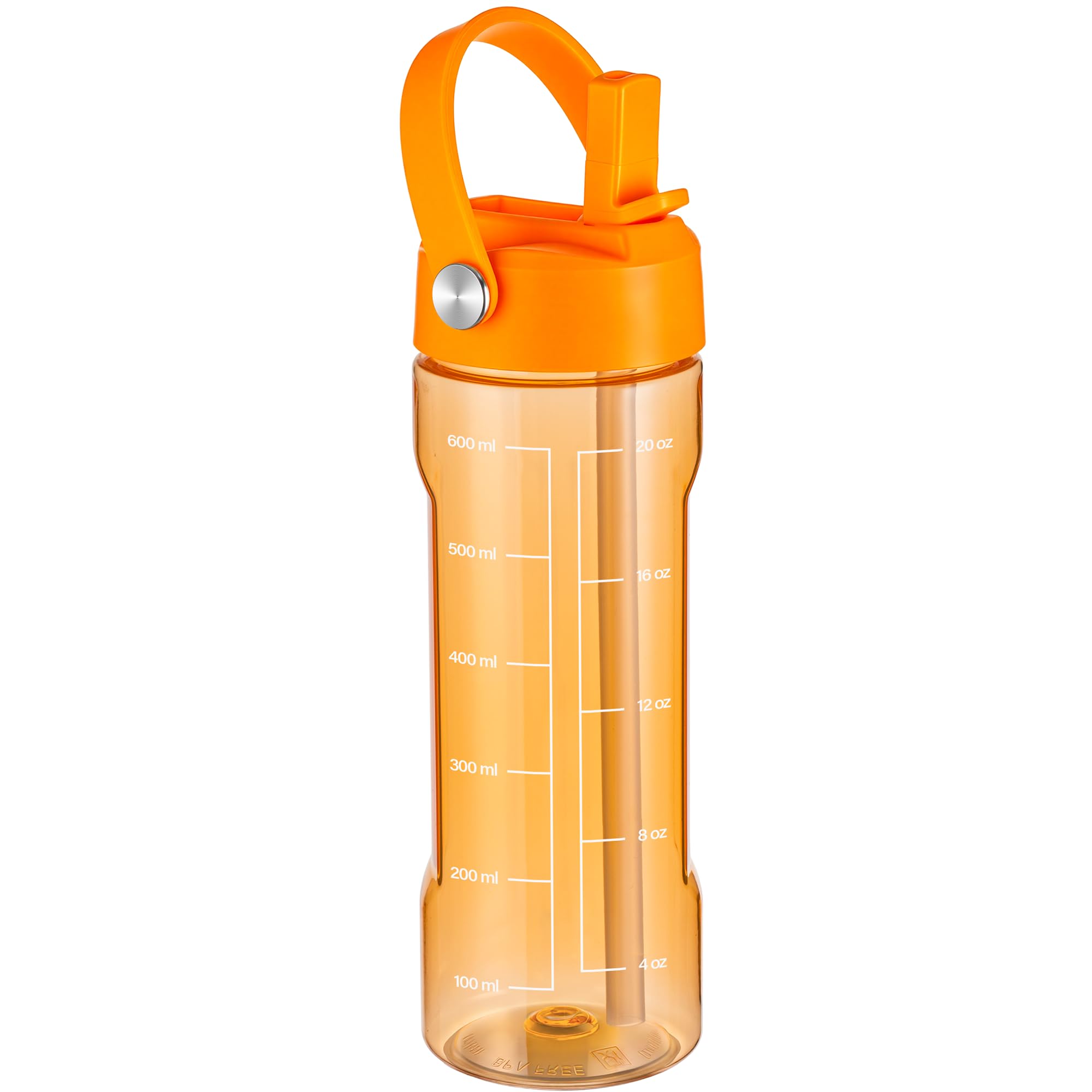 GOPPUS 600ml/20oz Clear Water Bottle with Straw, Tritan Leakproof Sports Drinking Bottle, BPA Free Wide Mouth Gym Bottle with Handle and Measurement Marks for School, Gym, Travel (Orange)