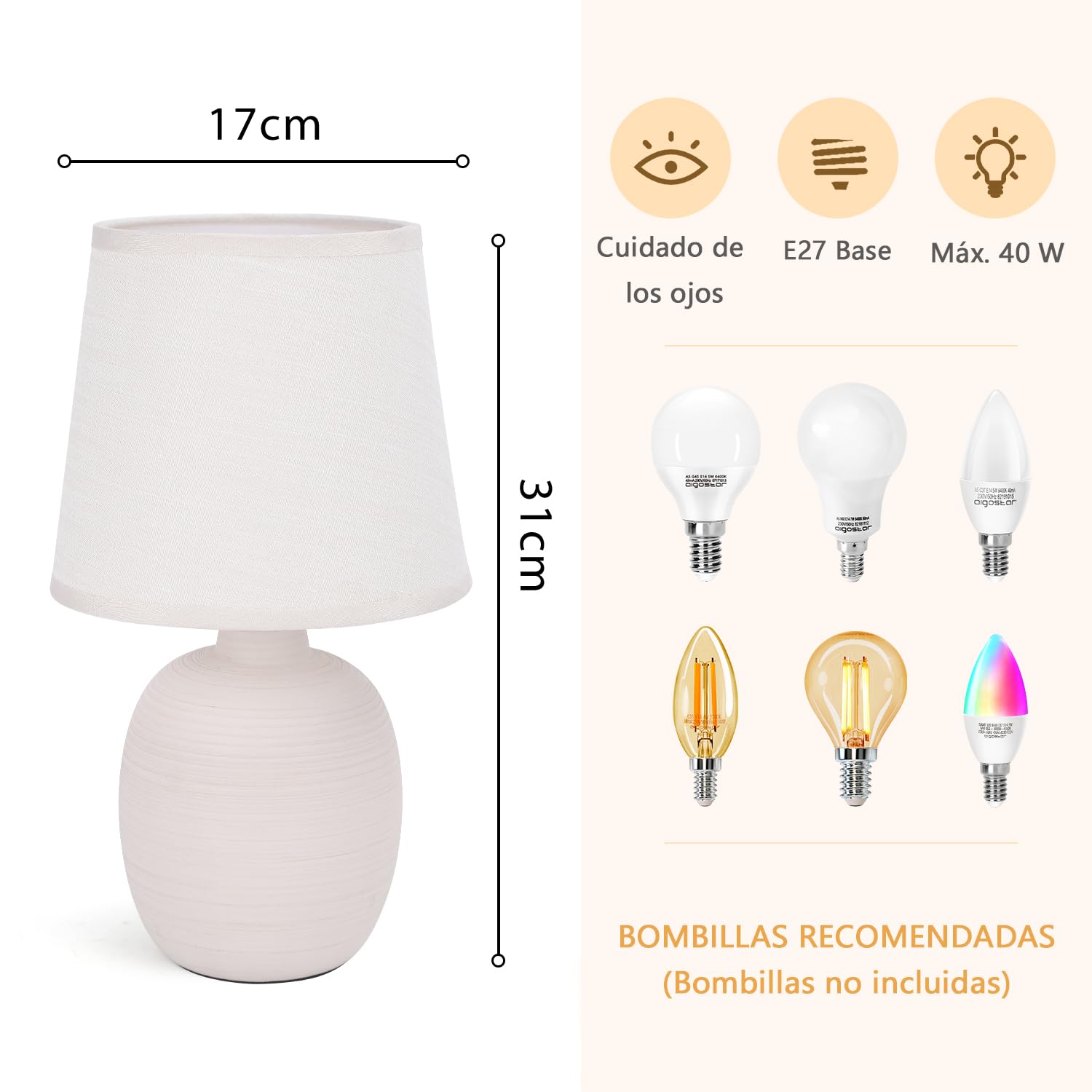 Aigostar - Lampa stołowa E14, lampka nocna LED, abażur z tkaniny, klasyczna lampa biurkowa w stylu vintage do sypialni, gabinetu, salonu itp.