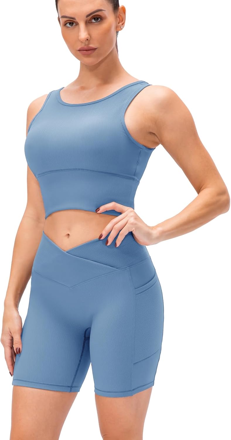 Women’s High Waist Biker Shorts Seamless Cross V Workout Gym Shorts 5" Yoga Shorts with Pockets - Image 4