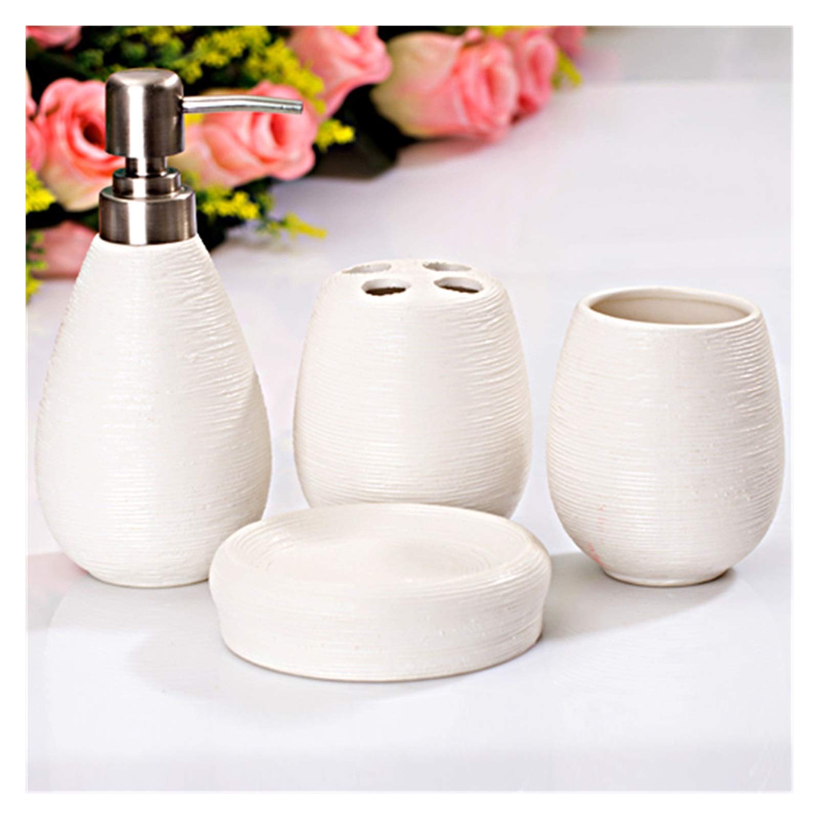 Countertop Lotion Bottles Fashionable and Simple Bathroom Toiletries Ceramic Four-piece Straw Pattern Combination Mouthwash Cup Soap Box Soap Bottle Soap Dispenser Bottles (Color : A) (B b)