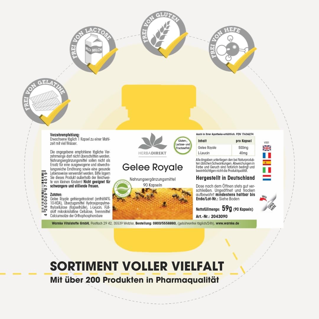 Gelée Royale Extrakt 500mg - 90 Kapseln - schluckfreundlich, 4-fach konzentriert aus 2000mg Gelée Royale - Royal Jelly - hochdosiert | HERBADIREKT by Warnke Vitalstoffe - Deutsche Apothekenqualität