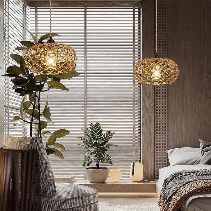 Miniatura 6 de Lámpara colgante de ratán tejida a mano con cuerda de cáñamo de 15 pies de encendidoapagado, cesta de jaula costera bohemia para sala de estar,